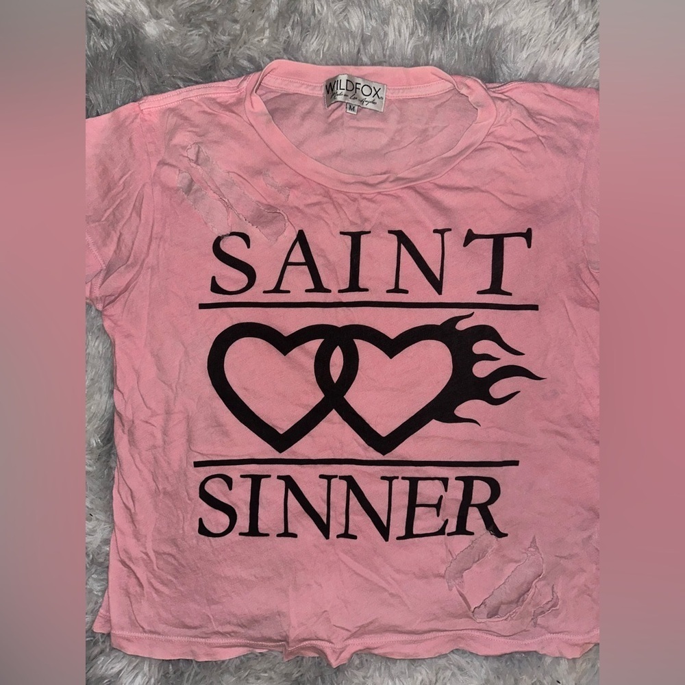 Wildfox Hot Pink ‘Saint Sinner’ Ripped Graphic Tee - EUC Medium